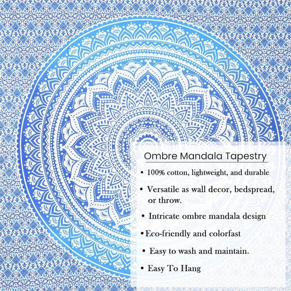 Aqua Blue Cotton Tapestry Mandala Wall Hanging – Tapestry for Bedroom – Boho Roo - Picture 6 of 6